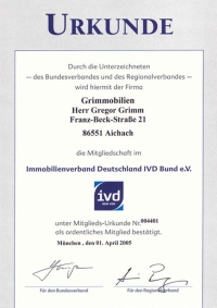 Urkunde Mitgliedschaft Immobilienverband Deutschland IVD Bund e.V.